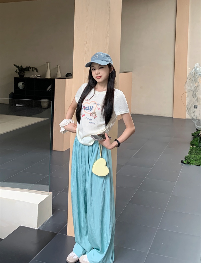 Cartoon printing T-shirt light-blue Casual wide leg pants