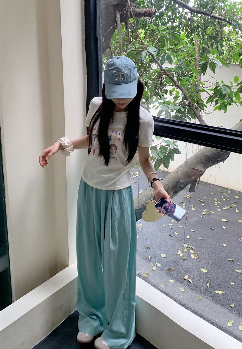 Cartoon printing T-shirt light-blue Casual wide leg pants