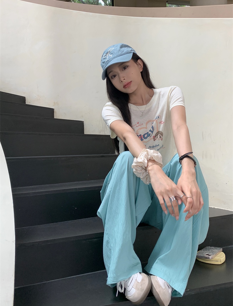 Cartoon printing T-shirt light-blue Casual wide leg pants