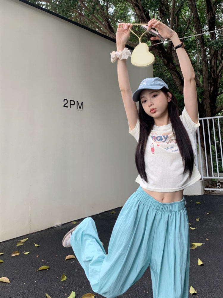 Cartoon printing T-shirt light-blue Casual wide leg pants