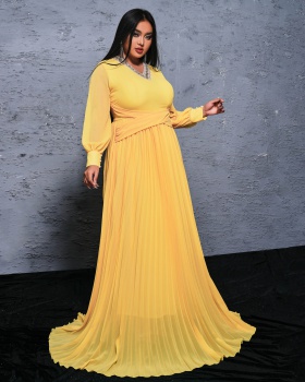 Long sleeve pinched waist evening dress V-neck dress