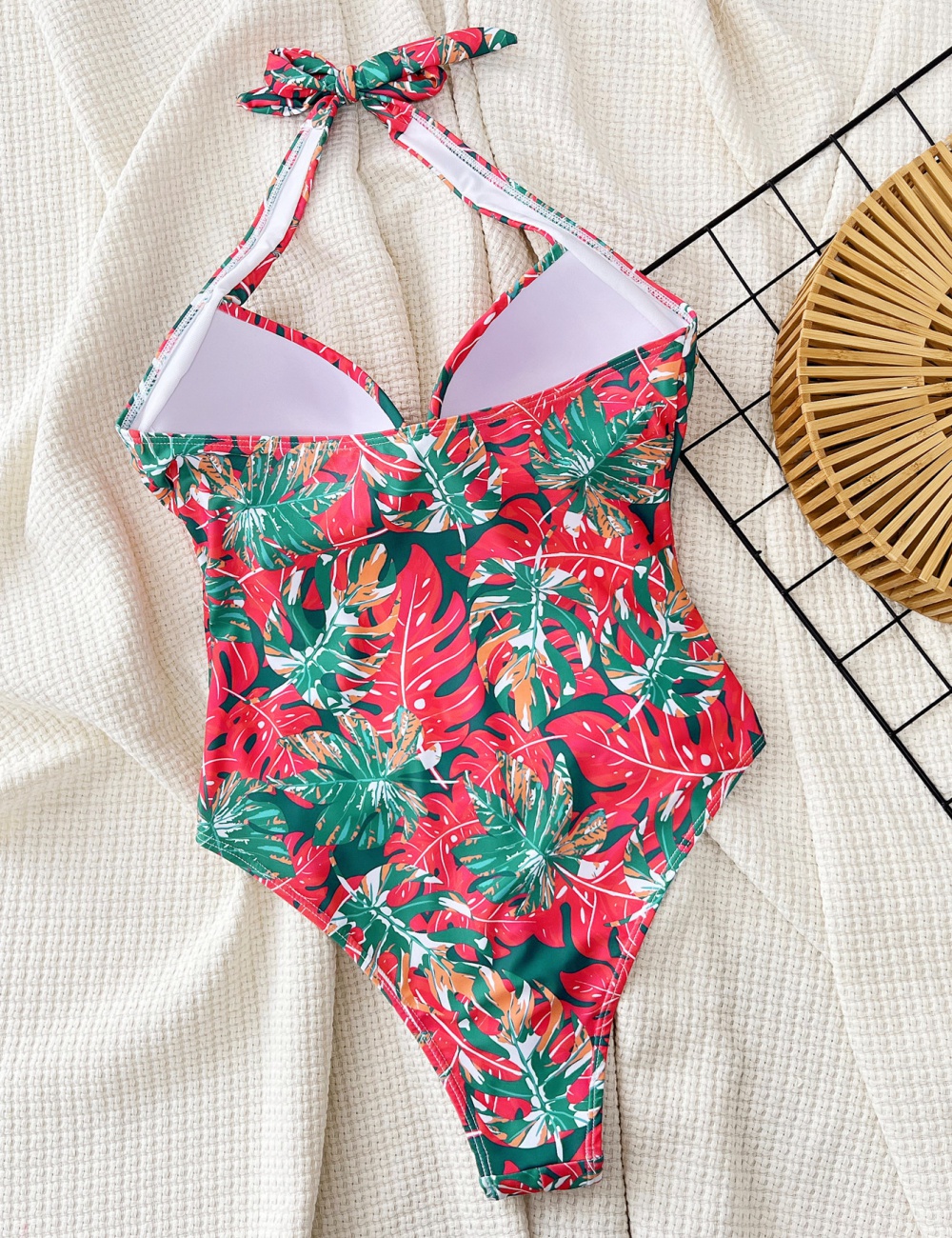 Conjoined halter bikini printing fold swimwear