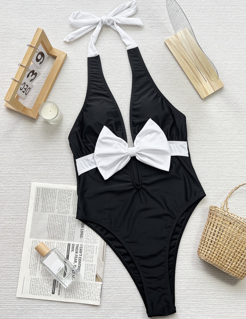 Black-white mixed colors conjoined bandage bikini bow swimwear