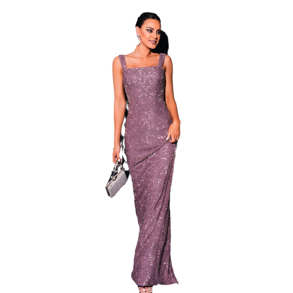 Long sequins bridesmaid dress square collar evening dress