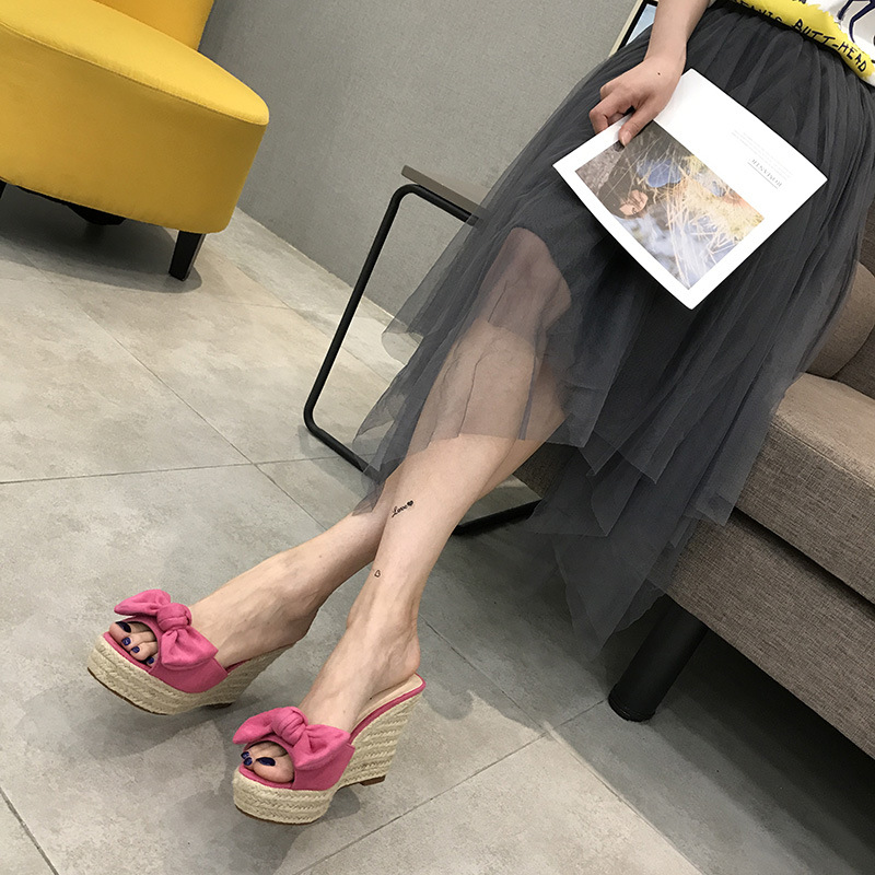 Bow open toe travel summer slipsole high-heeled slippers for women