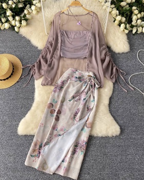 Printing wrapped chest cardigan summer gauze vest a set