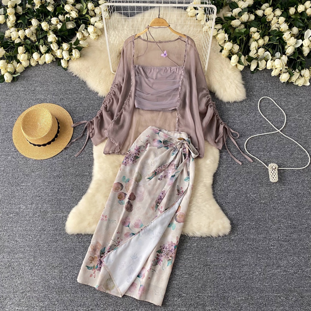 Printing wrapped chest cardigan summer gauze vest a set