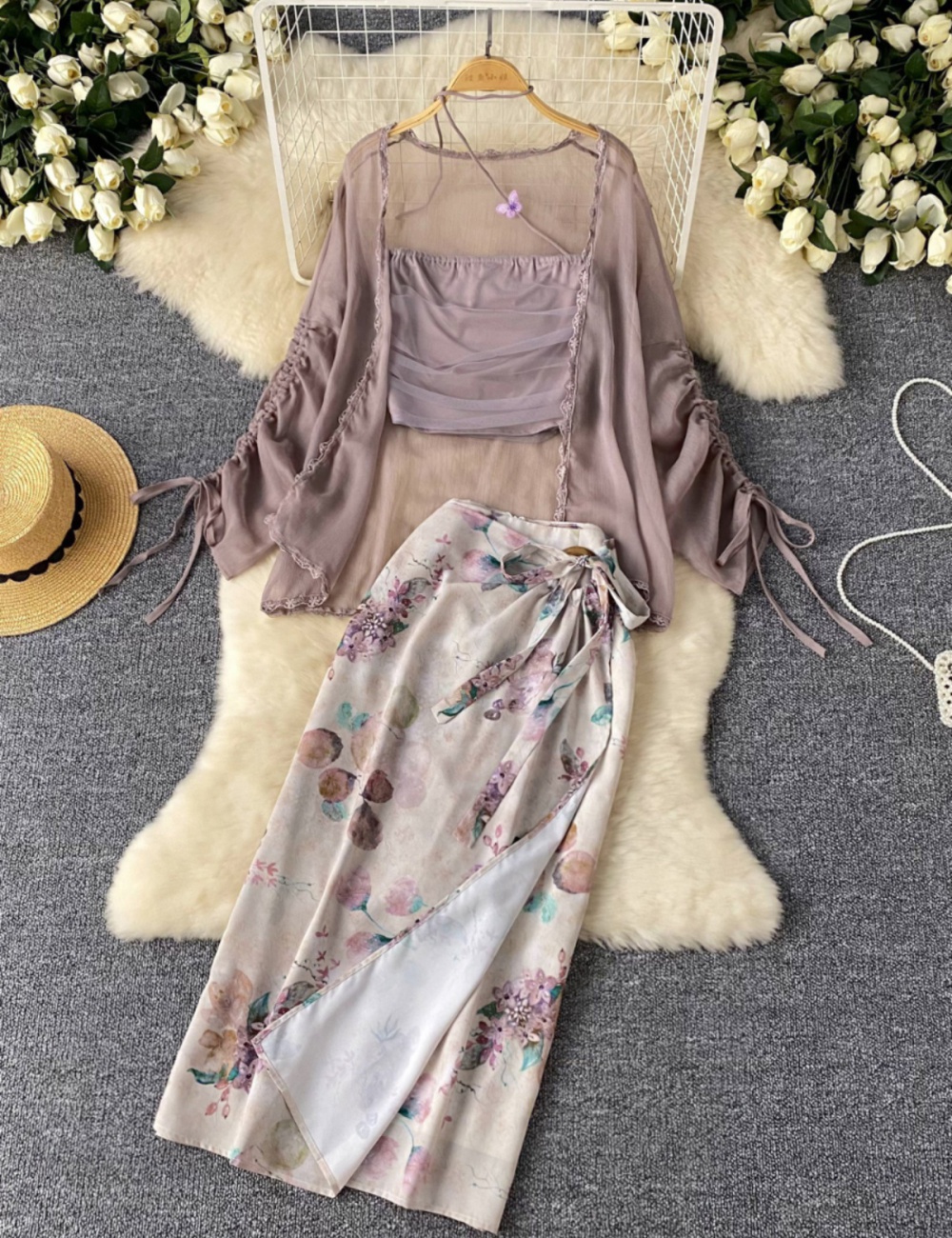 Printing wrapped chest cardigan summer gauze vest a set