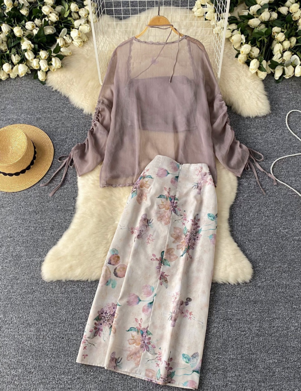 Printing wrapped chest cardigan summer gauze vest a set