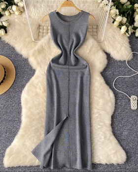 Package hip knitted long dress slim sleeveless dress