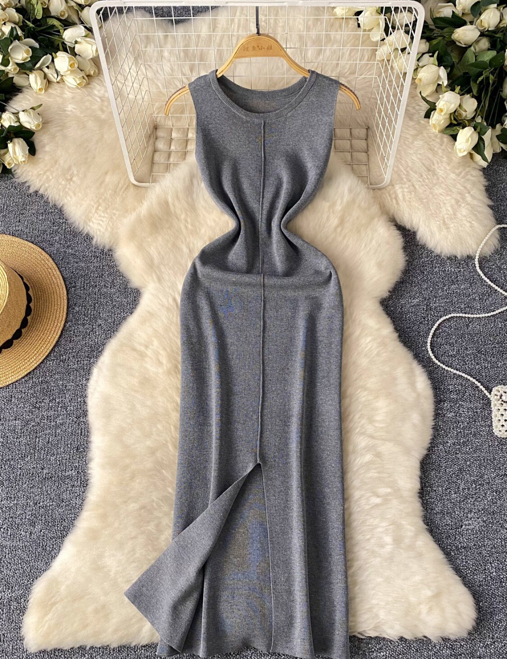 Package hip knitted long dress slim sleeveless dress