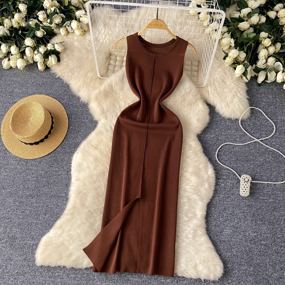 Package hip knitted long dress slim sleeveless dress