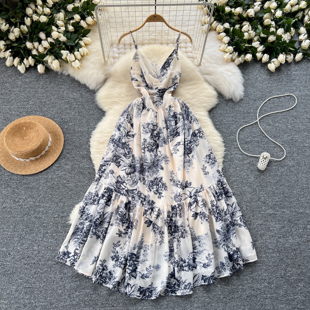 Fold printing lotus leaf edges dress retro V-neck long dress