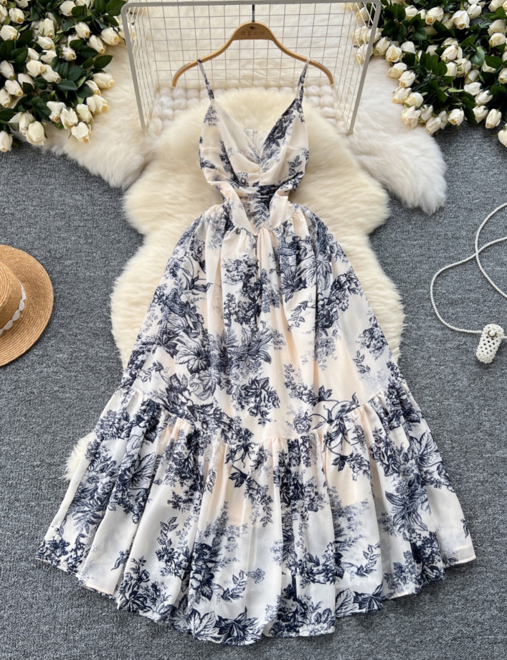 Fold printing lotus leaf edges dress retro V-neck long dress