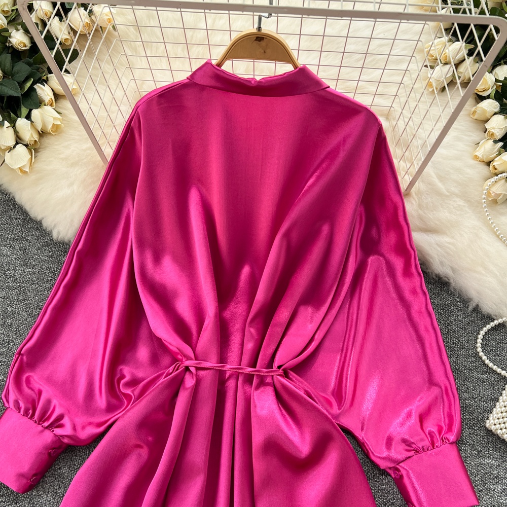 Satin long sleeve long dress loose retro shirt for women