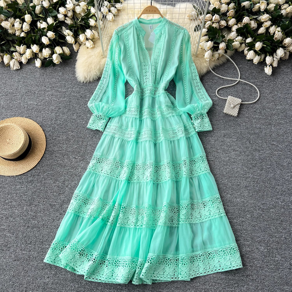 Pinched waist elegant dress slim splice long dress for women