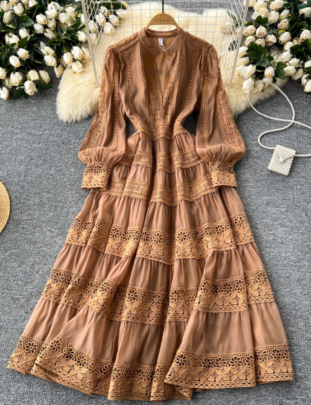 Pinched waist elegant dress slim splice long dress for women