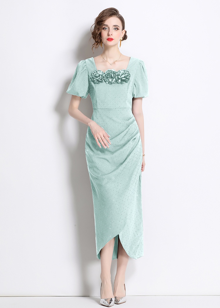 Flowers stereoscopic short sleeve long dress