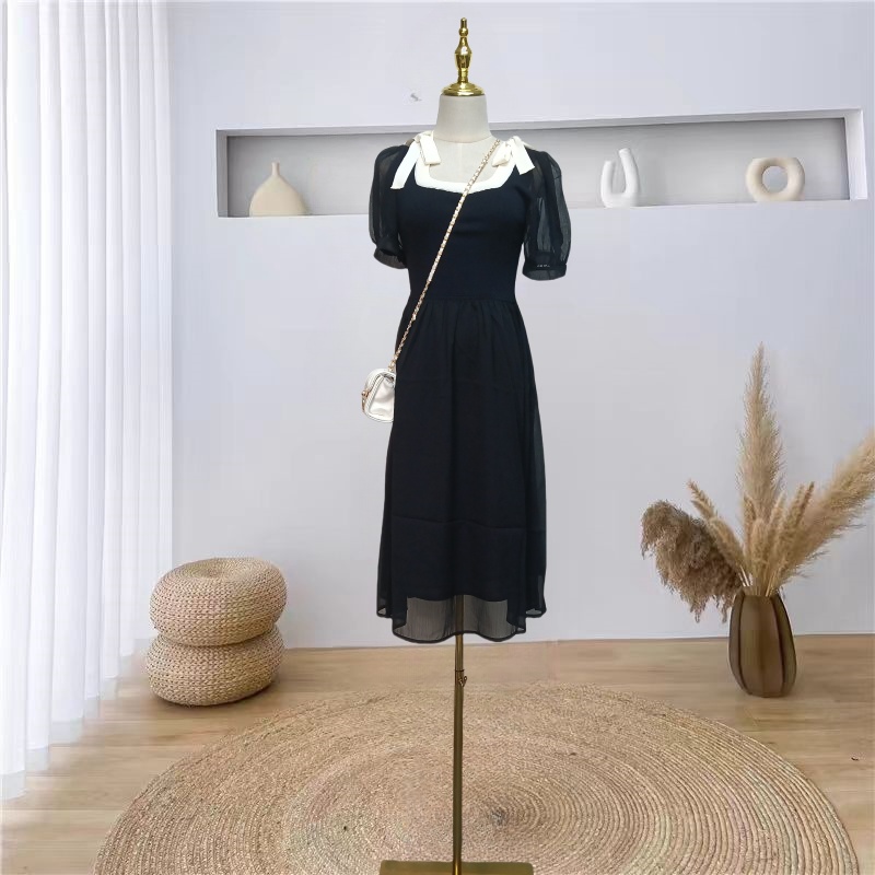 Long temperament chiffon knitted splice short sleeve dress