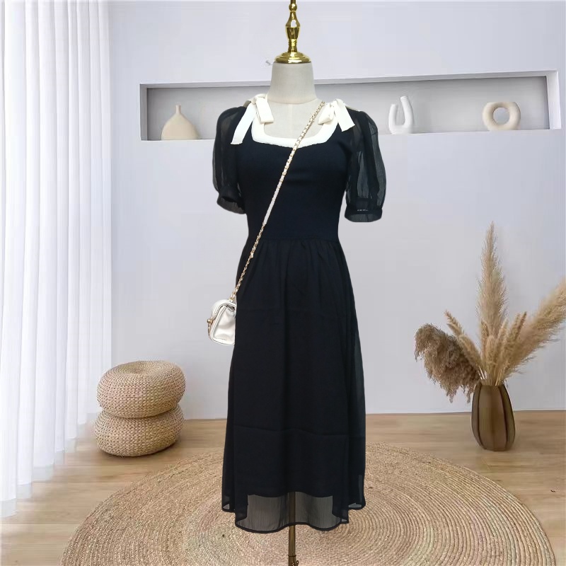 Long temperament chiffon knitted splice short sleeve dress