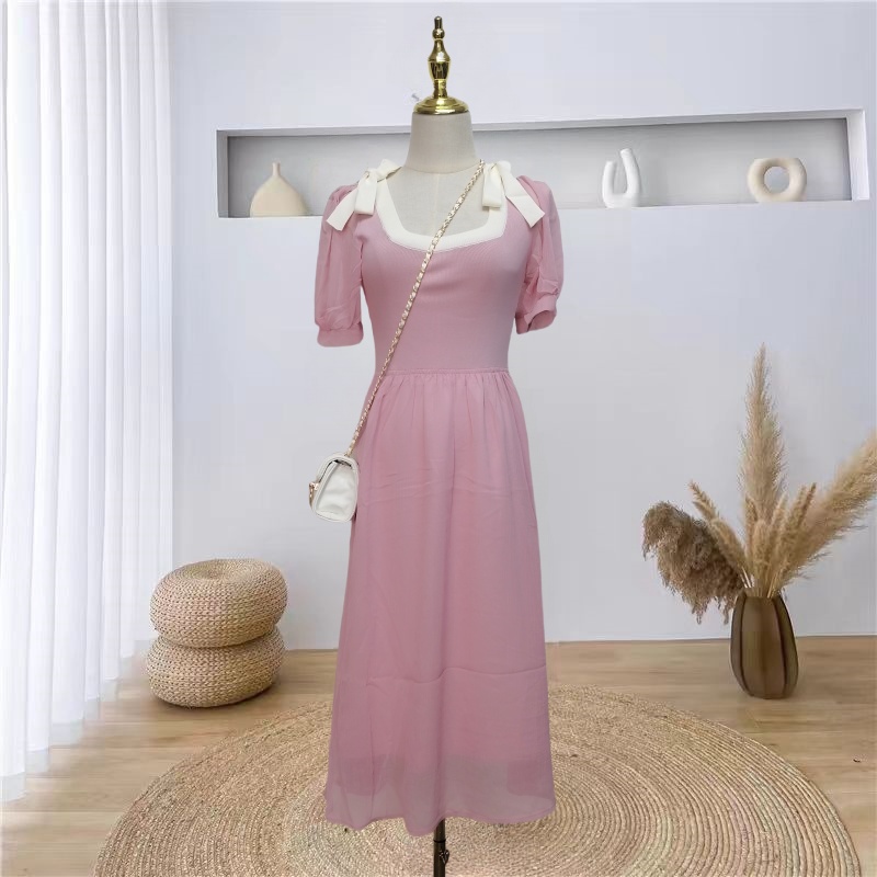 Long temperament chiffon knitted splice short sleeve dress