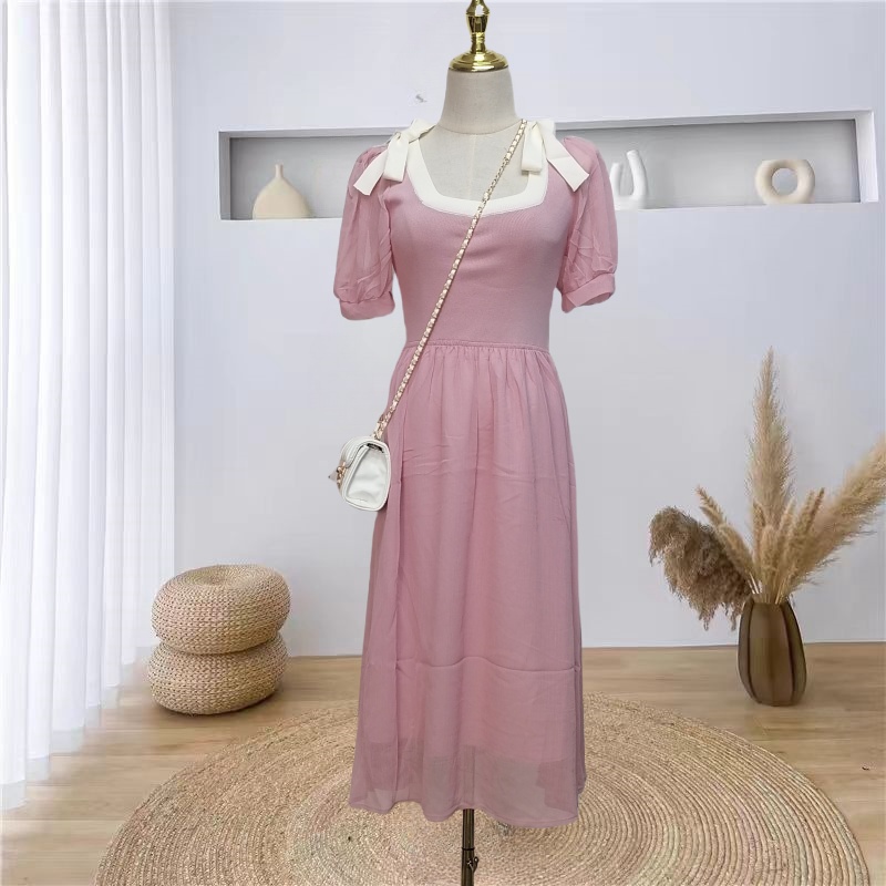 Long temperament chiffon knitted splice short sleeve dress