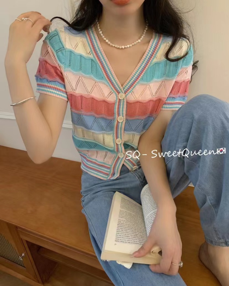 Temperament stripe cardigan rainbow tops for women