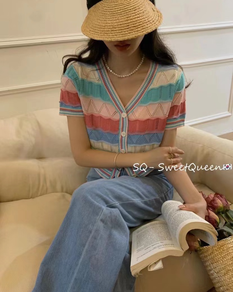 Temperament stripe cardigan rainbow tops for women