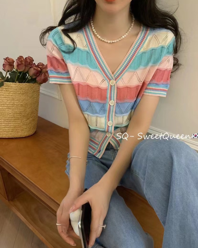 Temperament stripe cardigan rainbow tops for women