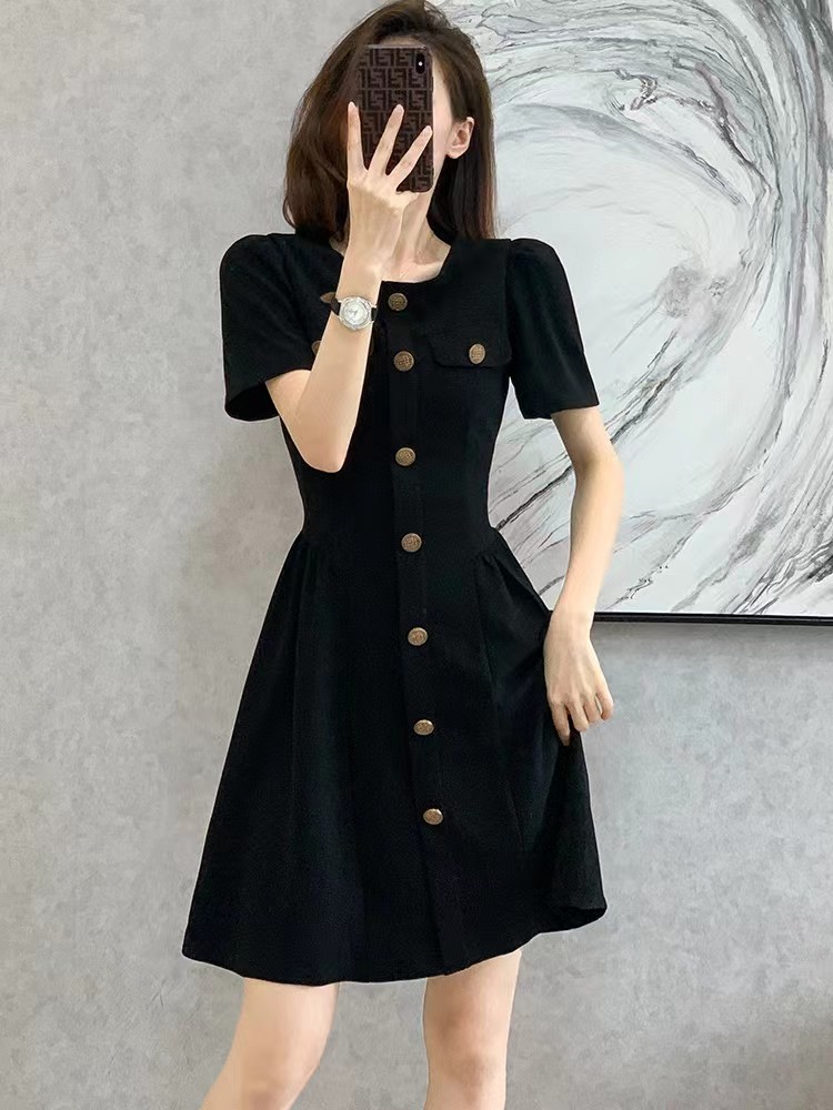 Summer France style slim thin puff sleeve dress for women