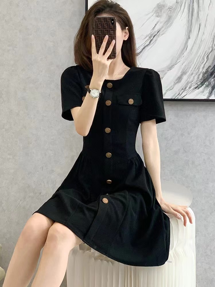 Summer France style slim thin puff sleeve dress for women