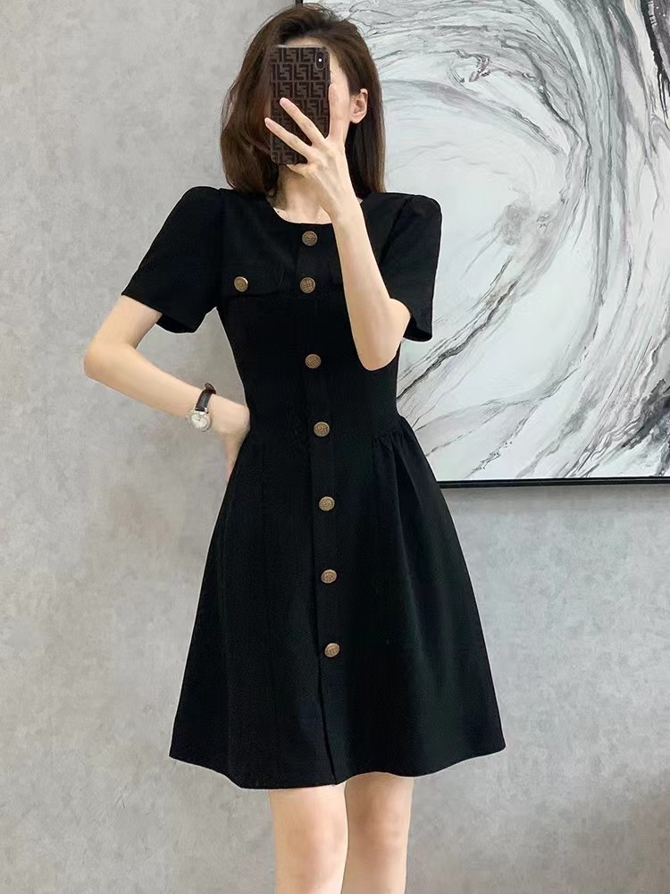 Summer France style slim thin puff sleeve dress for women