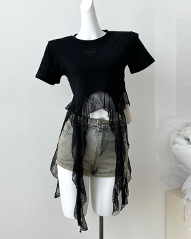 Lace short sleeve T-shirt round neck small shirt for women