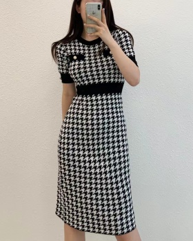 Houndstooth Korean style temperament slim knitted dress