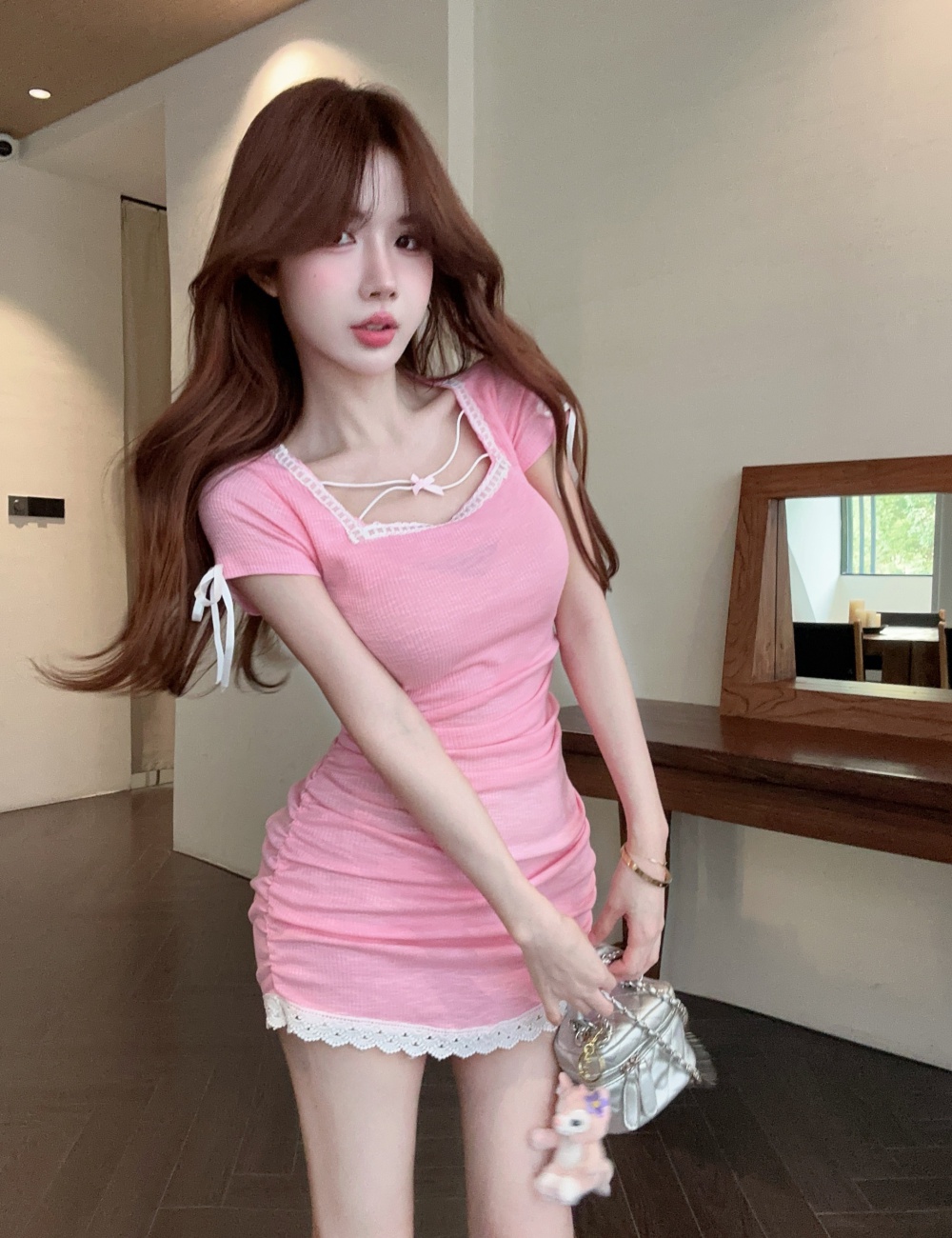 Package hip pink enticement slim sweet dress for women