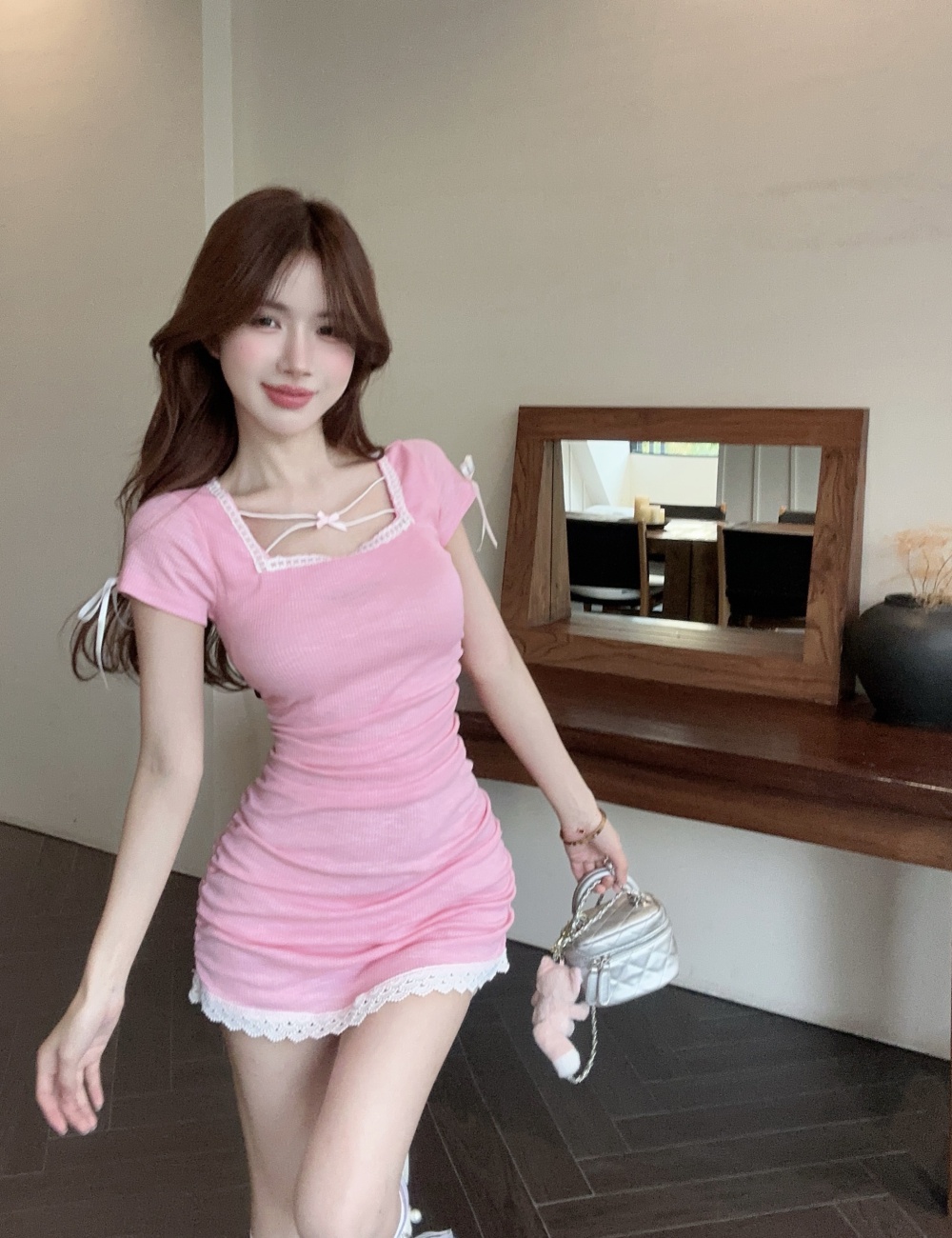 Package hip pink enticement slim sweet dress for women