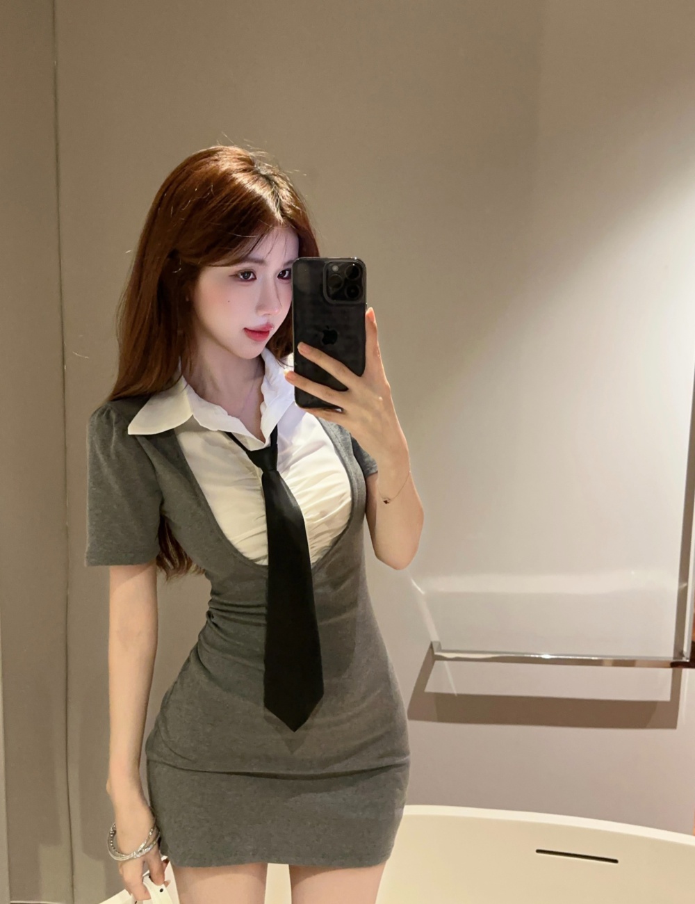 Fashion Pseudo-two short sleeve slim shirt collar dress
