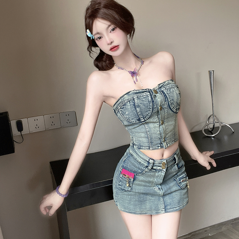 Denim vest American style short skirt 2pcs set