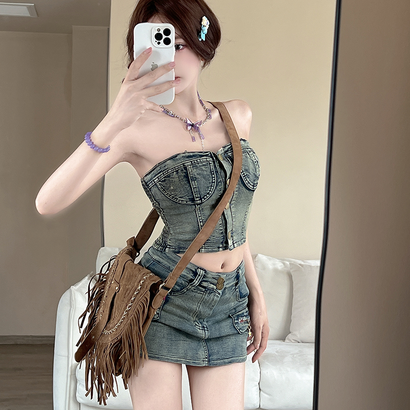 Denim vest American style short skirt 2pcs set