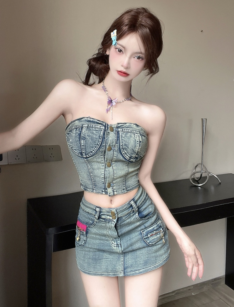 Denim vest American style short skirt 2pcs set