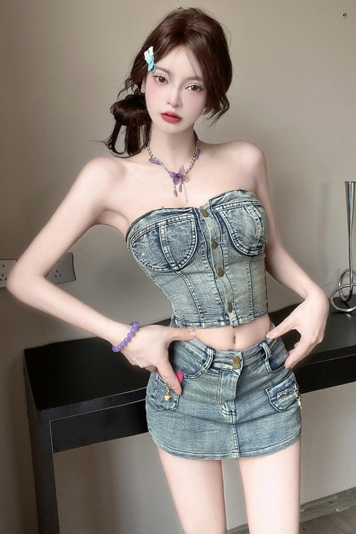 Denim vest American style short skirt 2pcs set