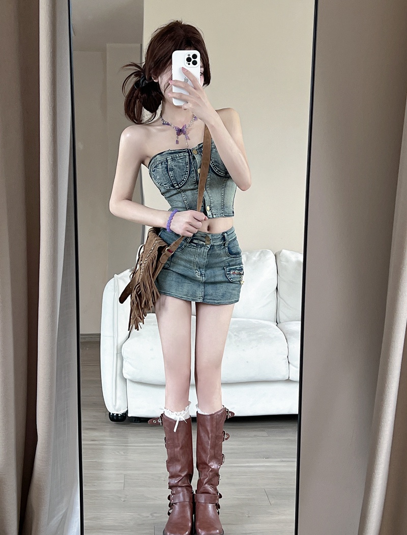 Denim vest American style short skirt 2pcs set