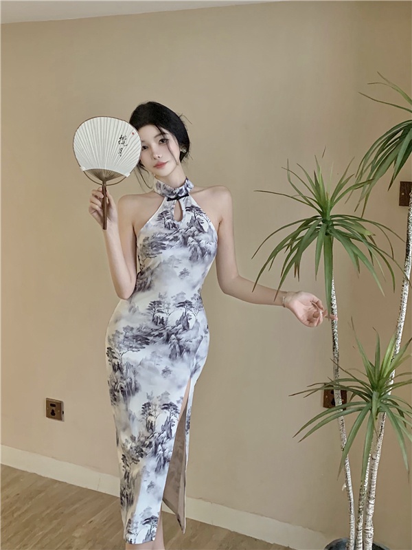 Sleeveless sexy cheongsam split long dress