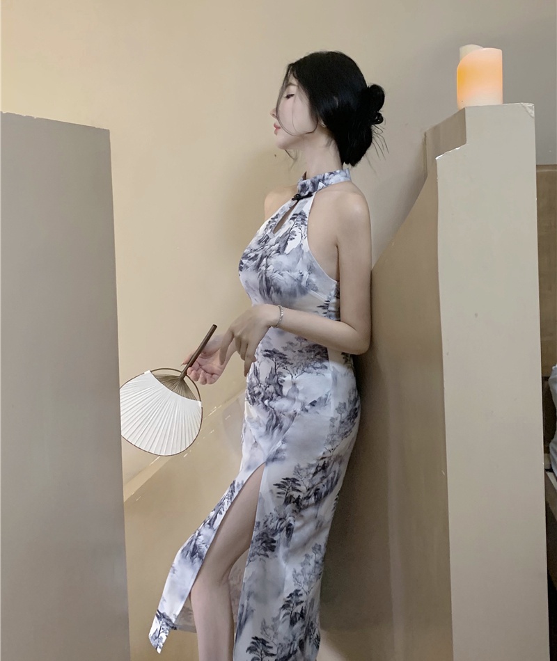 Sleeveless sexy cheongsam split long dress