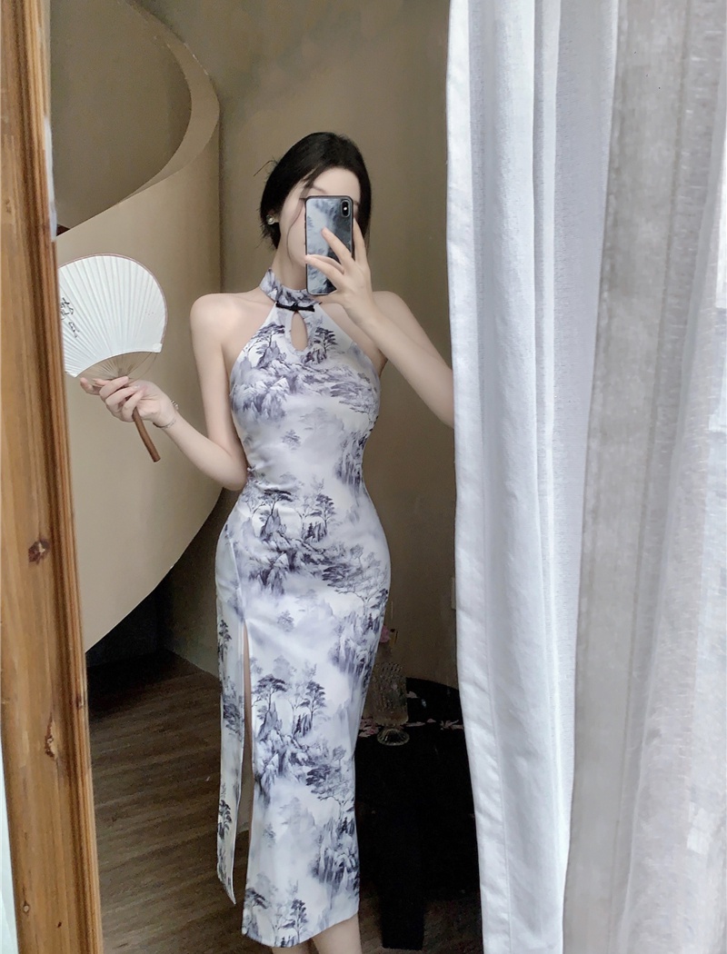 Sleeveless sexy cheongsam split long dress