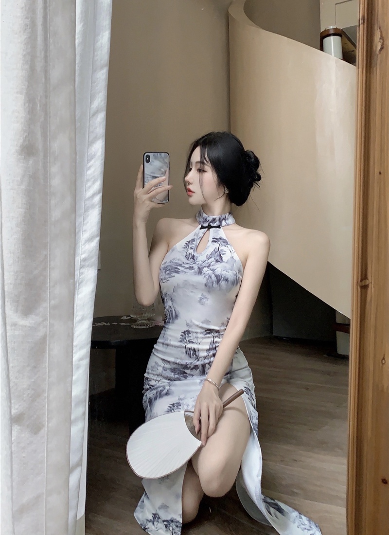 Sleeveless sexy cheongsam split long dress