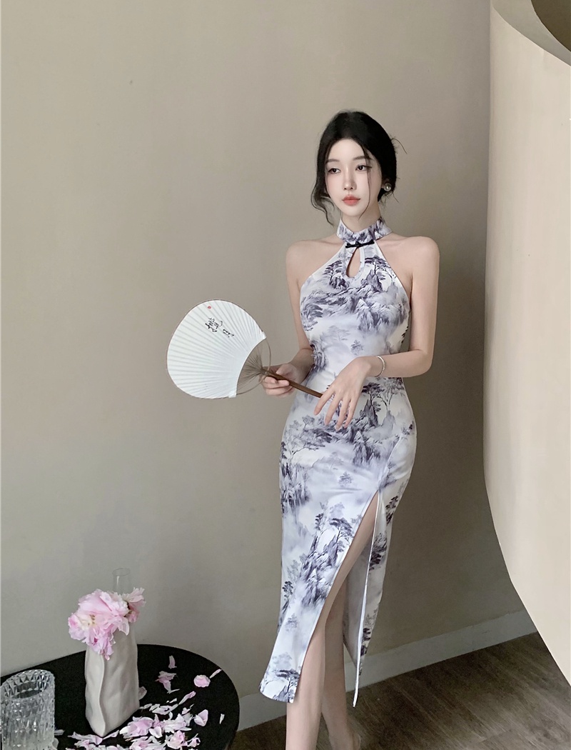 Sleeveless sexy cheongsam split long dress