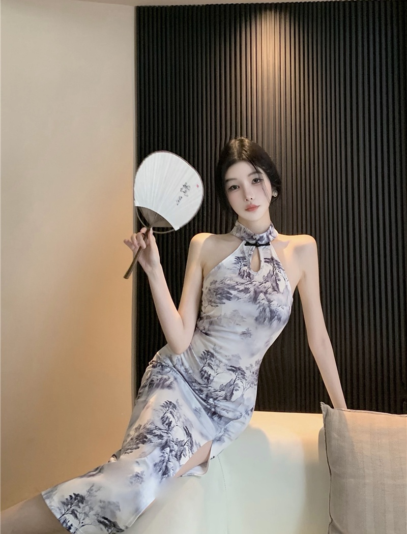 Sleeveless sexy cheongsam split long dress