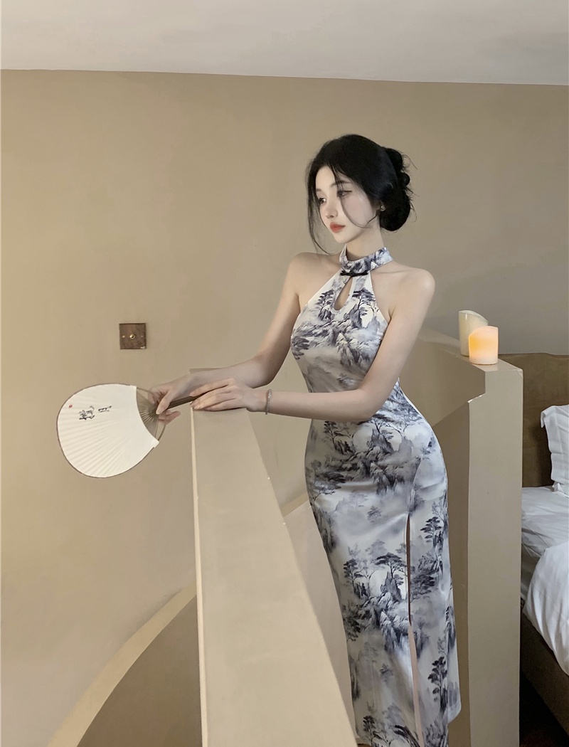 Sleeveless sexy cheongsam split long dress