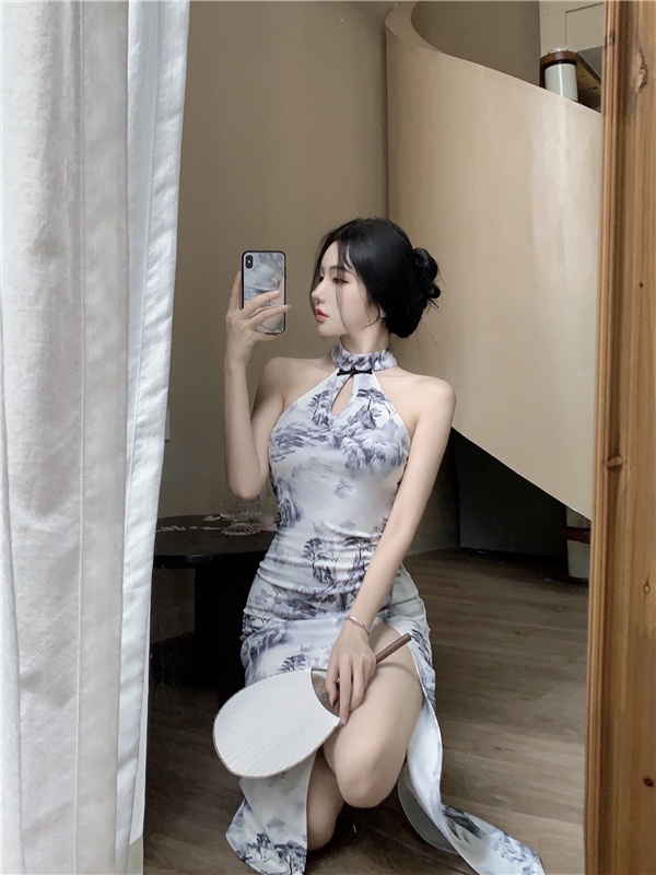 Sleeveless sexy cheongsam split long dress